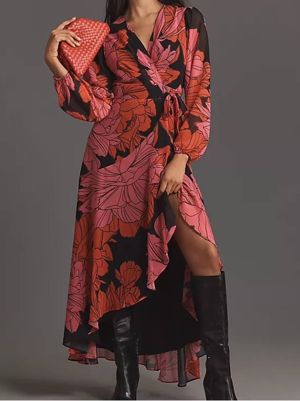 Anthropologie Hutch Bridge Long-Sleeve Wrap Maxi Dress Floral pink red